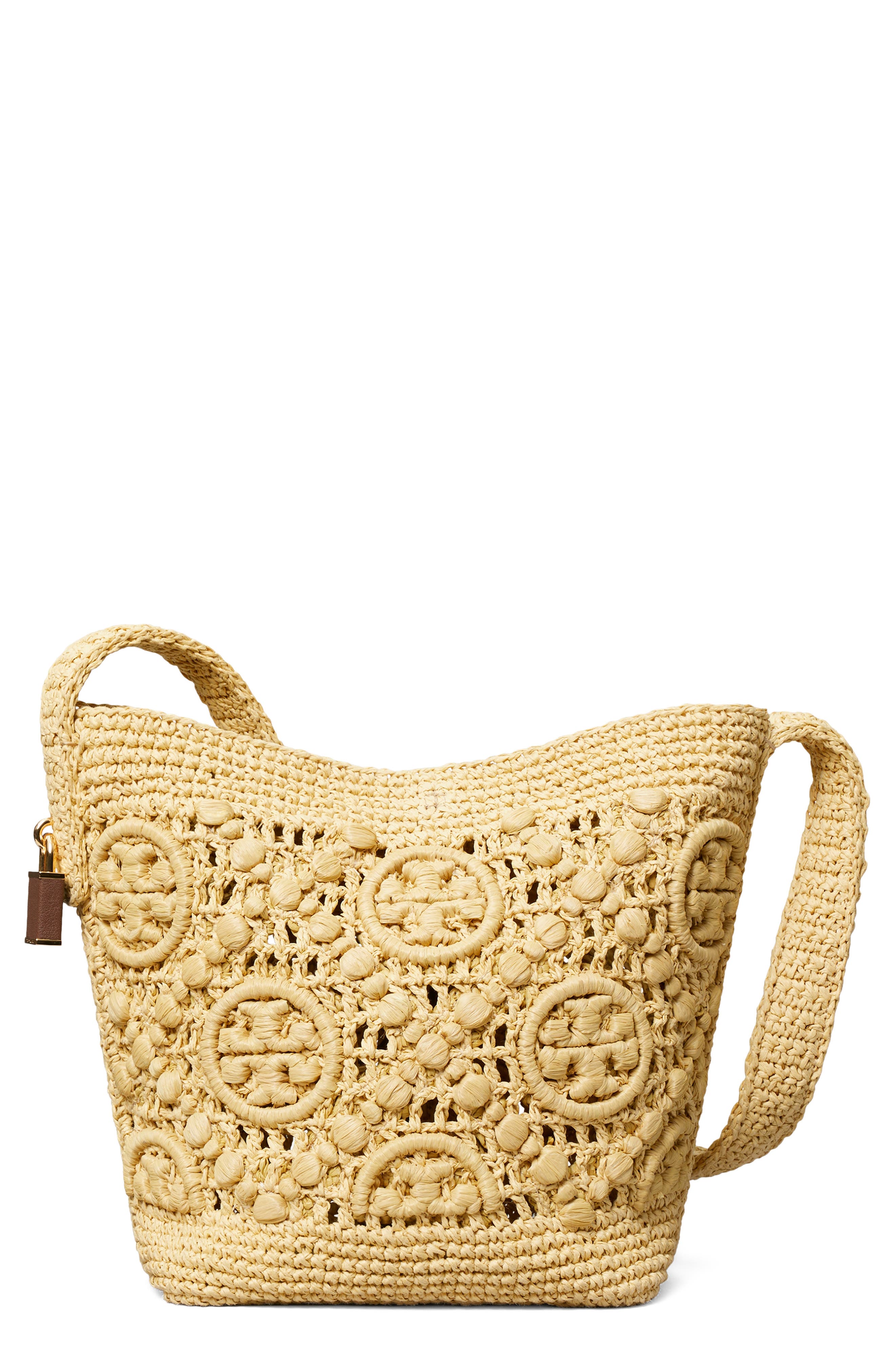 Lock T Monogram Crochet Slim Straw Shoulder Bag, Main, color, NATURAL
