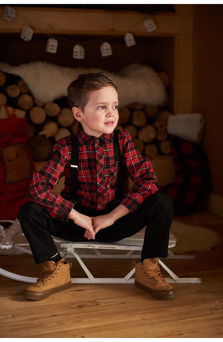 Deux par Deux Boy's Long Sleeve Button Down Flannel Shirt Plaid Black And Red, Alternate, color,