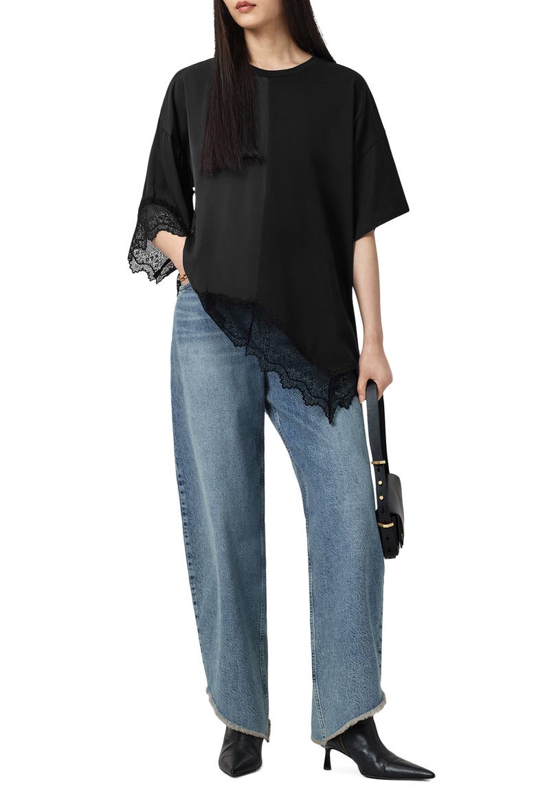 Lenny Oversize Lace Trim Cotton T-Shirt, Alternate, color, BLACK