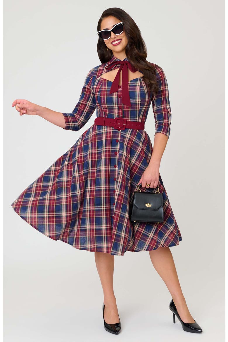 Sweetheart Neck Swing Dress, Alternate, color, Blue & Burgundy Plaid