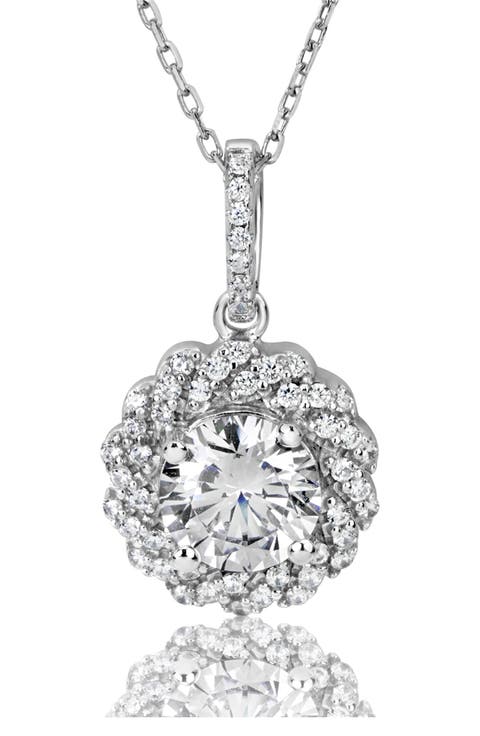 Sterling Silver Pavé CZ Halo Pendant Necklace