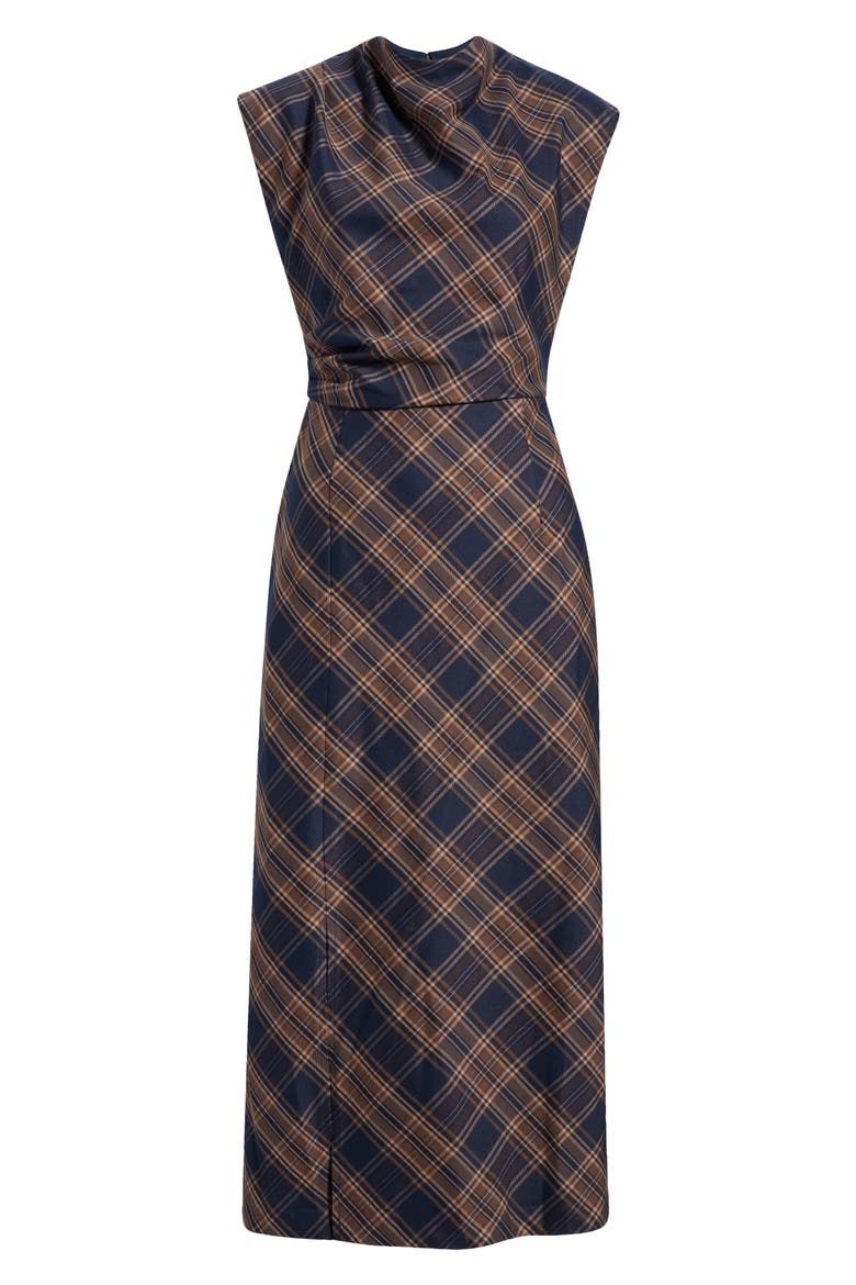 Plaid Pleated Midi Dress, Alternate, color, NAVY BROWN