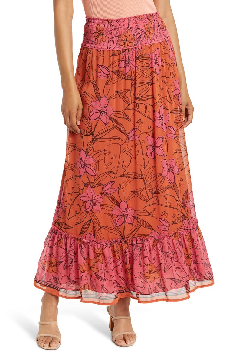 DR2 by Daniel Rainn Floral Smocked Waist Ruffle Hem Maxi Skirt, Main, color, 