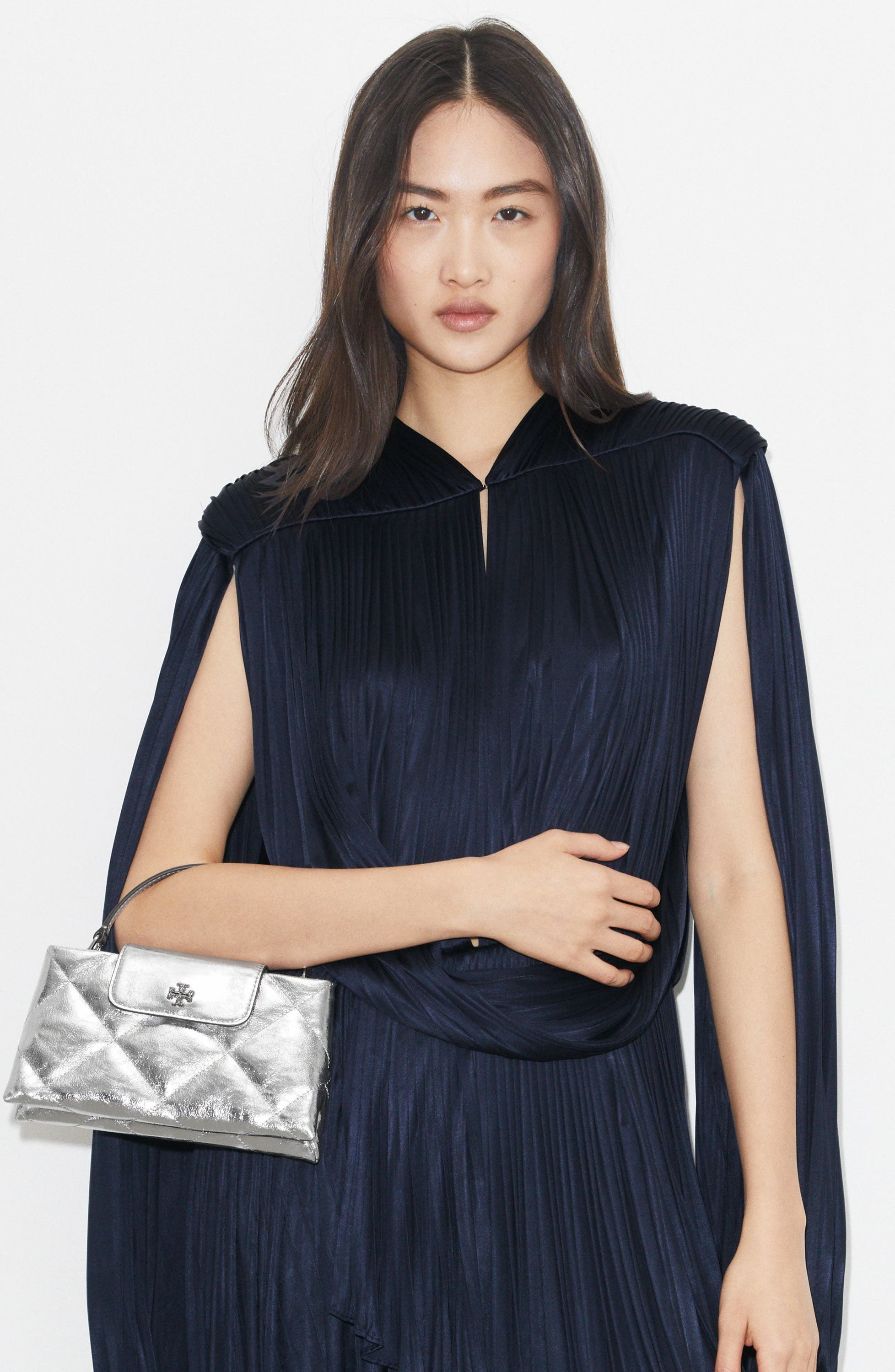 Tory Burch Kira Diamond Quilted East-West Top Handle Bag, Alternate, color, Silver