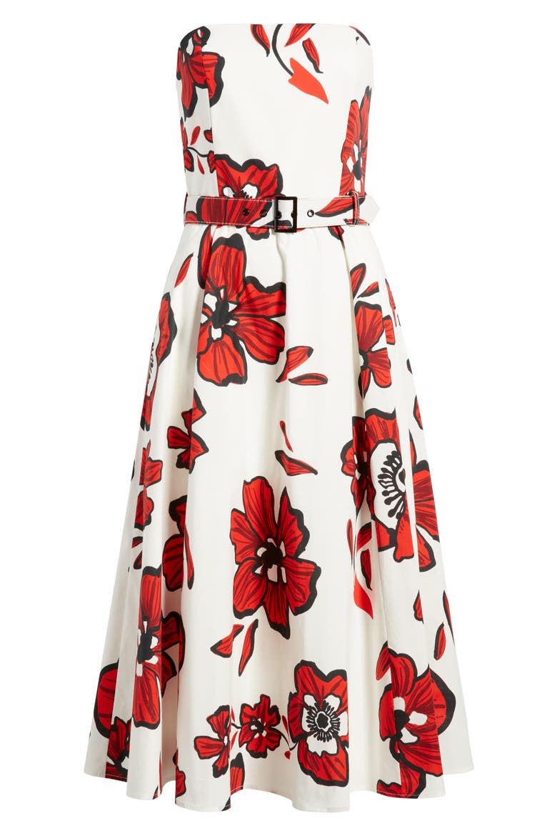 Strapless Belted Stretch Cotton Dress, Alternate, color, RED/ WHITE
