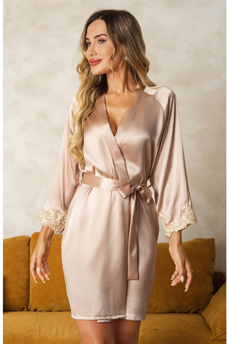 Pure Silk 3/4 Sleeves Belted Short Robe With Lace Design, Alternate, color, Pink