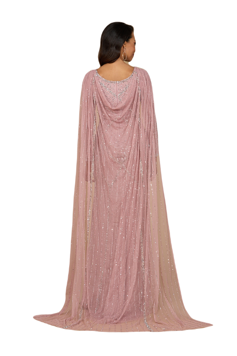 Long Sleeve Beaded Gown with Cape, Alternate, color, Cashmere
