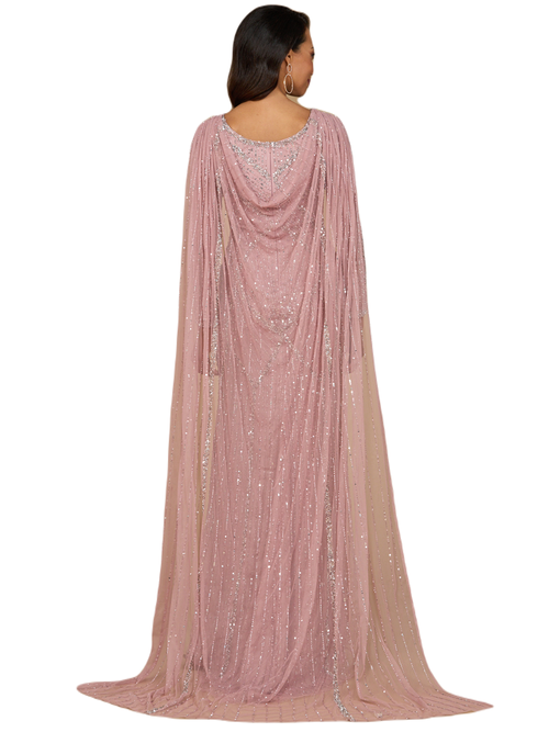 Lara New York Long Sleeve Beaded Gown With Cape In Cashmere