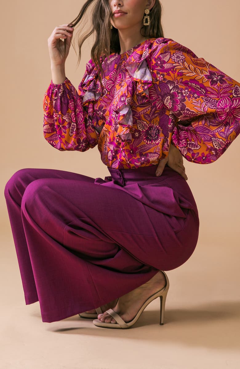 FLYING TOMATO Floral Ruffle Long Sleeve Top, Alternate, color, Rust Magenta