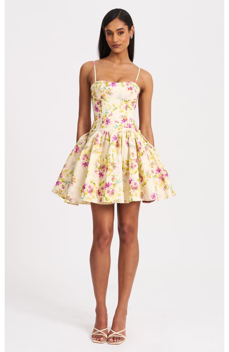 Miss Circle Valda Print Linen Mini Dress with Pockets, Main, color, Yellow Pink Floral Print