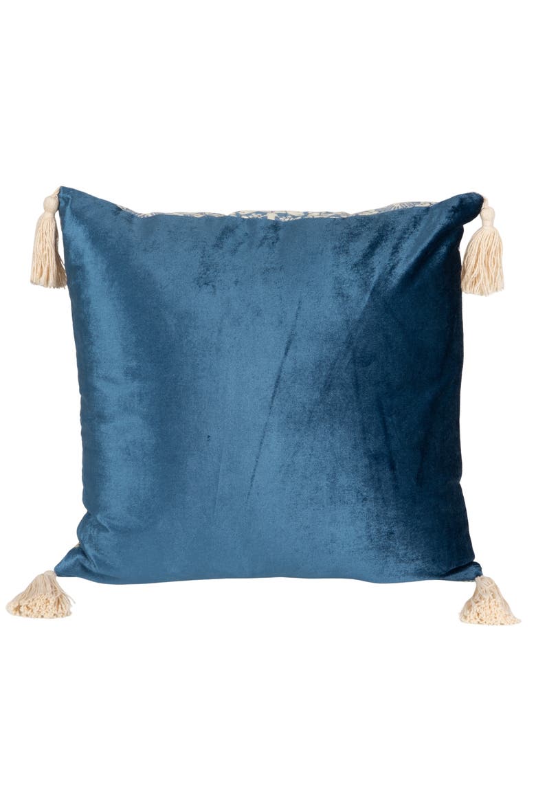 Cotton Blend Velvet Printed Pillow with Pattern and Tassels, Blue and Cream, Alternate, color, Blue