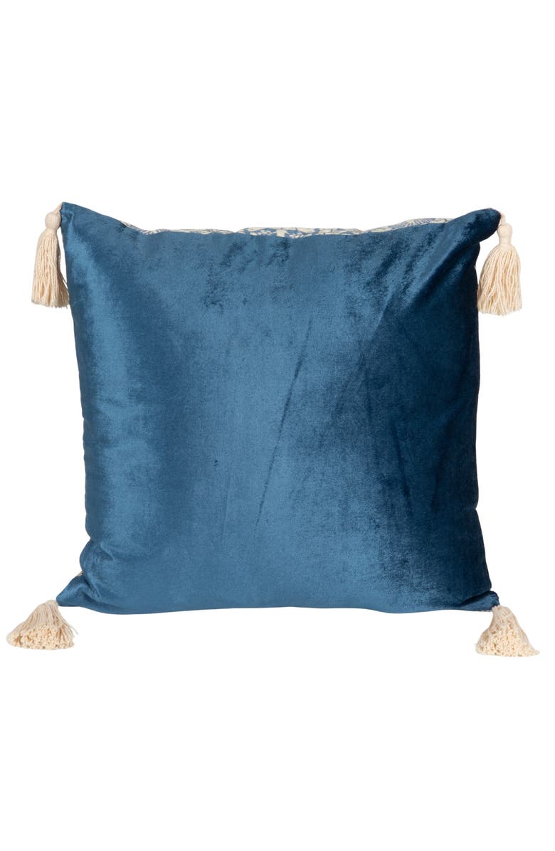 Storied Home Cotton Blend Velvet Printed Pillow with Pattern and Tassels, Blue and Cream Color, Alternate, color, Blue