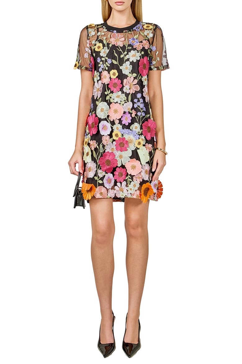Floral Appliqué Shift Dress, Main, color, BLACK