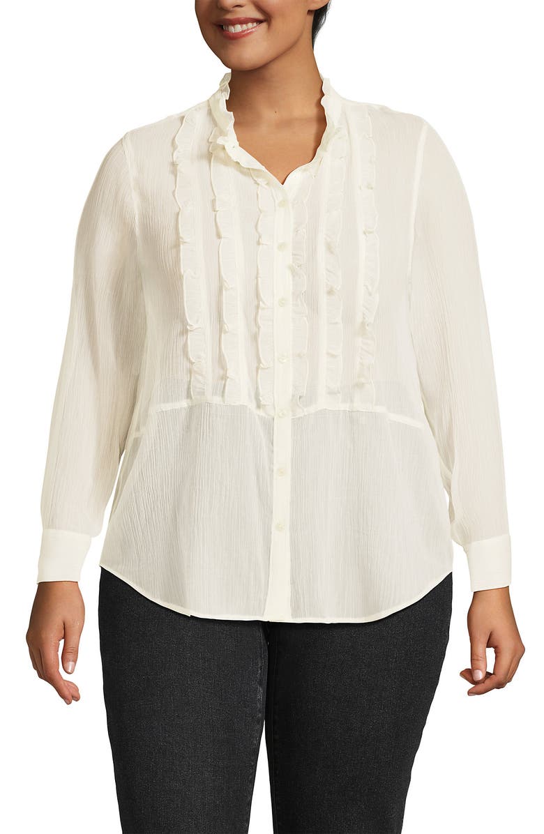 Lands' End Plus Size Chiffon Ruffle Front Long Sleeve Top, Main, color, Ivory
