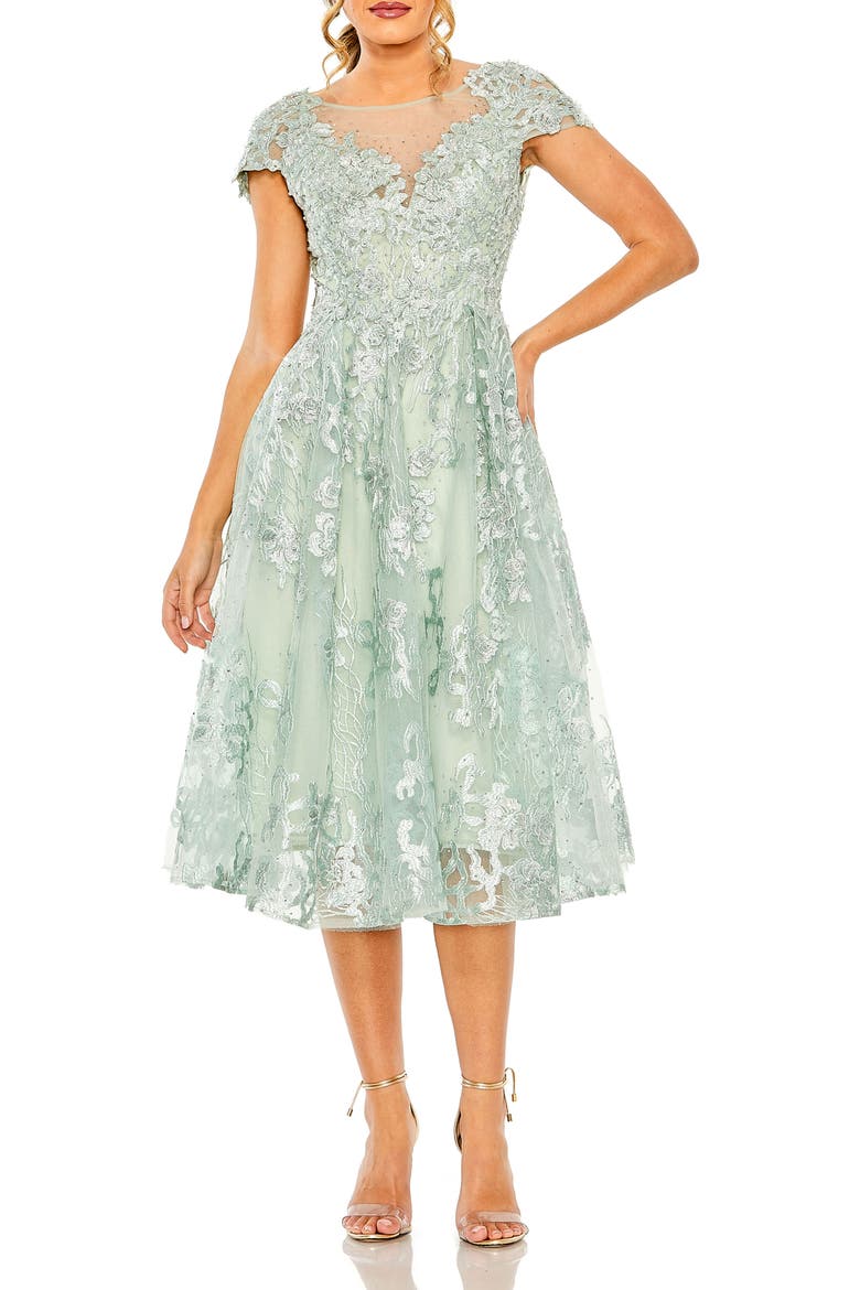 Embroidered Cap Sleeveless A Line Dress, Main, color, Sage