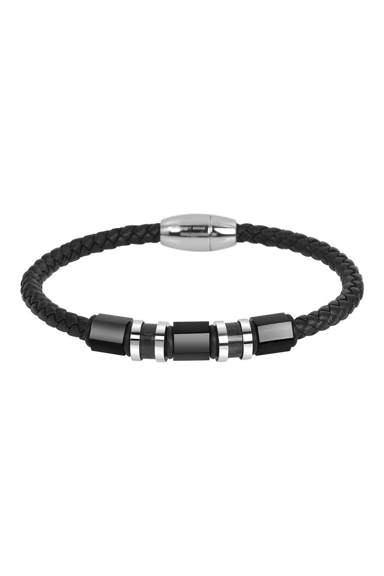 Men's Stainless Steel Ornaments Leather Bracelet, Main, color, BLACK