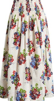 THE GREAT. The Viola Floral Smocked Waist Cotton Midi Skirt