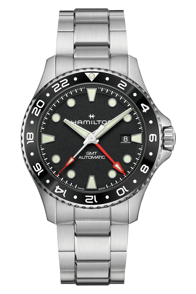 Khaki Navy Scuba GMT Automatic Bracelet Watch, 43mm, Main, color, BLACK