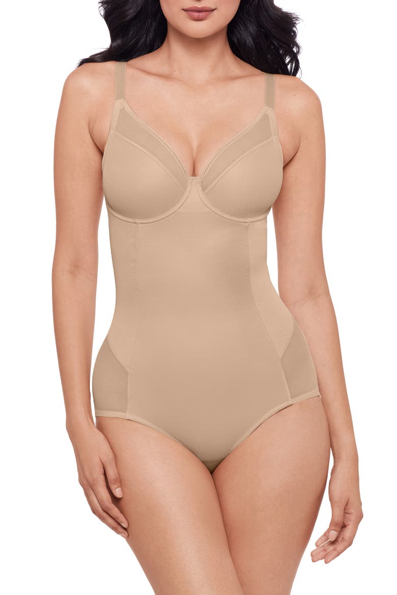 Sheer Mesh Trim Underwire Shaping Bodysuit, Main, color, WARM BEIGE