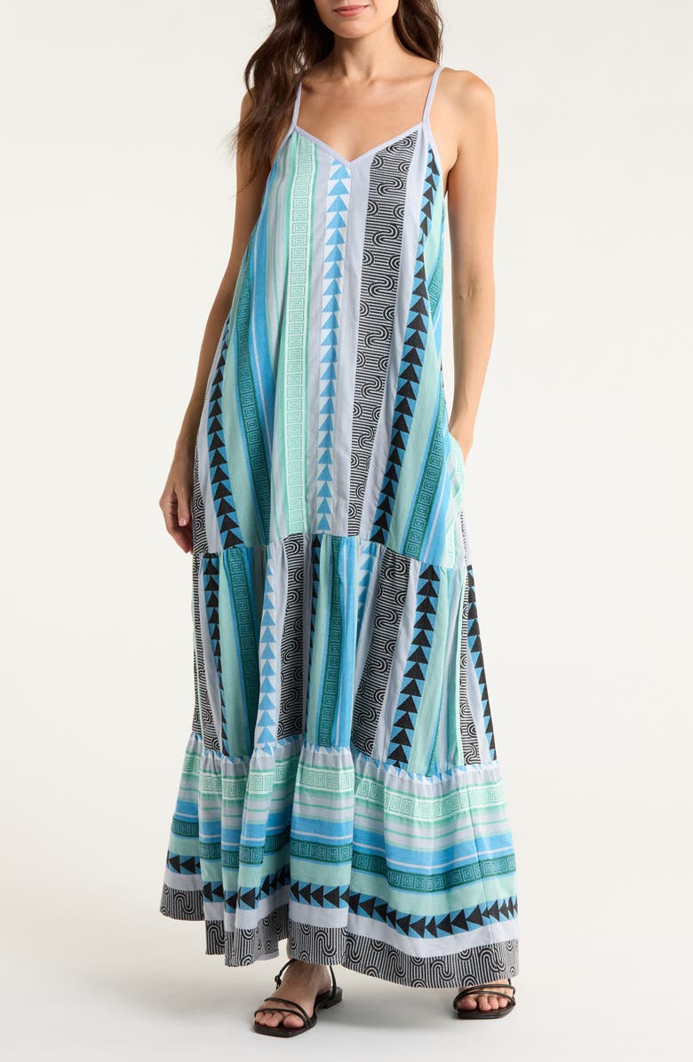 Elan Embroidered Tiered Cotton Blend Cover-Up Maxi Dress, Main, color, Blue Green Arrow Pri