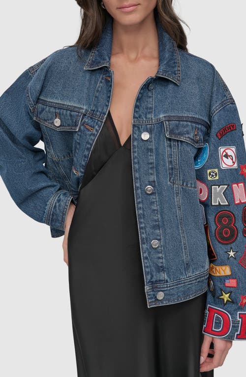 Shop Dkny Patch Detail Denim Trucker Jacket In Ludlow Wash