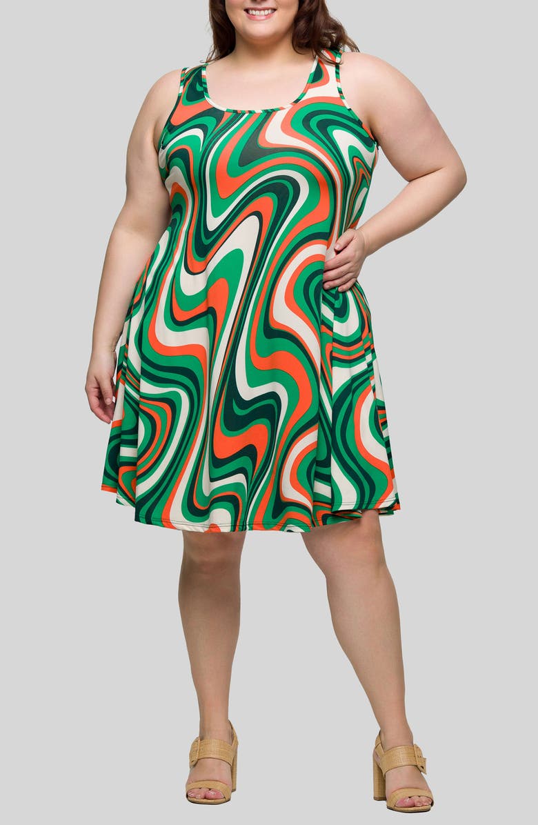 24seven Comfort Apparel Swirl Print Knit Minidress, Main, color, Green Multi