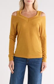 GO COUTURE V-Neck Cold Shoulder Sweater