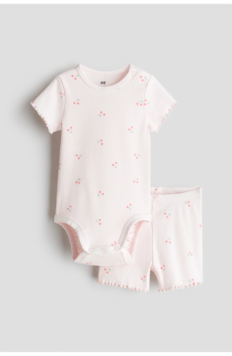 H&M 2-piece Ribbed Cotton Set, Main, color, Light Pink/Cherries