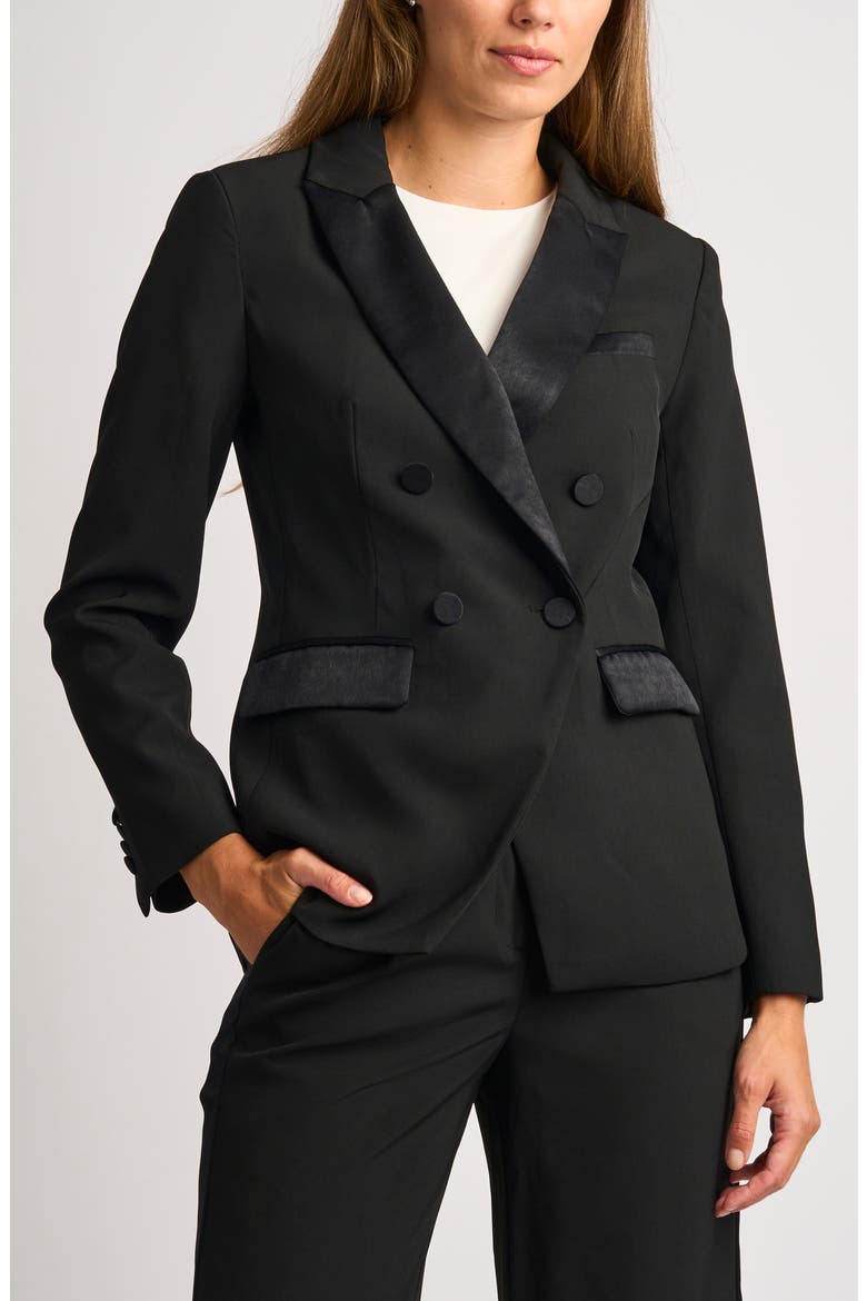 Satin Trim Double Breasted Blazer, Main, color, RICH BLACK