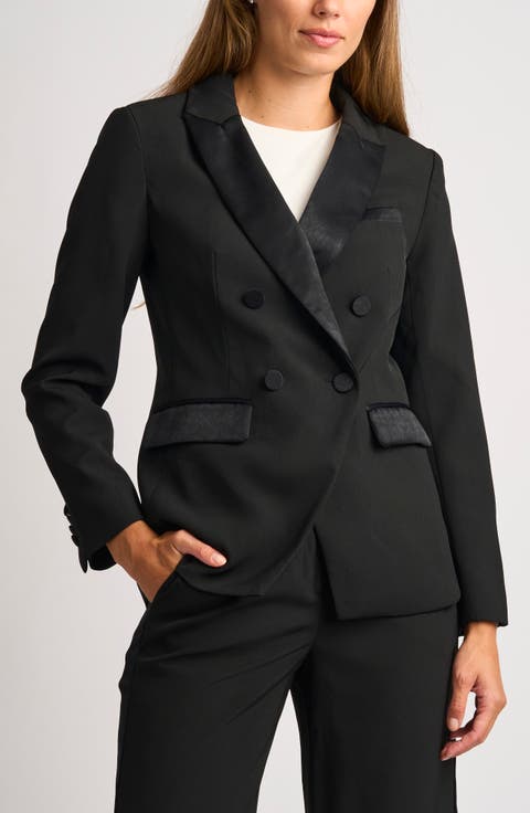 Satin Trim Double Breasted Blazer