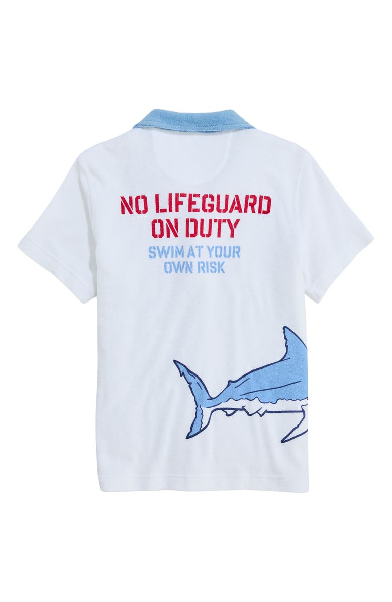 vineyard vines Kids' Shark Graphic Terry Trim Button-Up Shirt, Alternate, color, White Cap