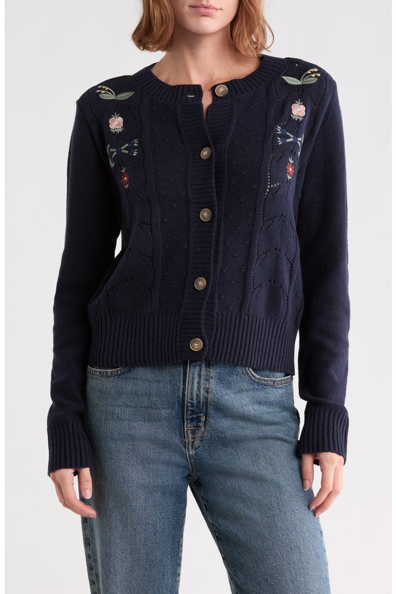 Floral Embroidered Pointelle Cardigan, Main, color, BLACK IRIS