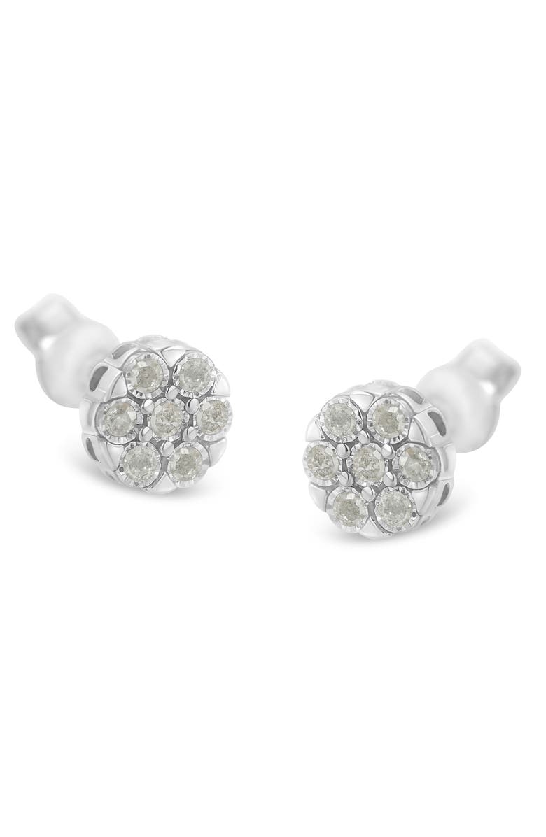 Haus of Brilliance Silver RoseDiamond Floral Cluster Stud Earring, Alternate, color, White