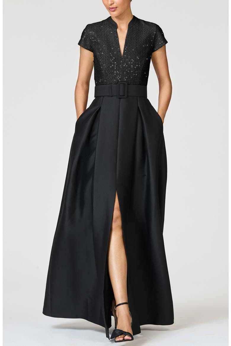 Arden Mixed Media Belted Gown, Main, color, BLACK