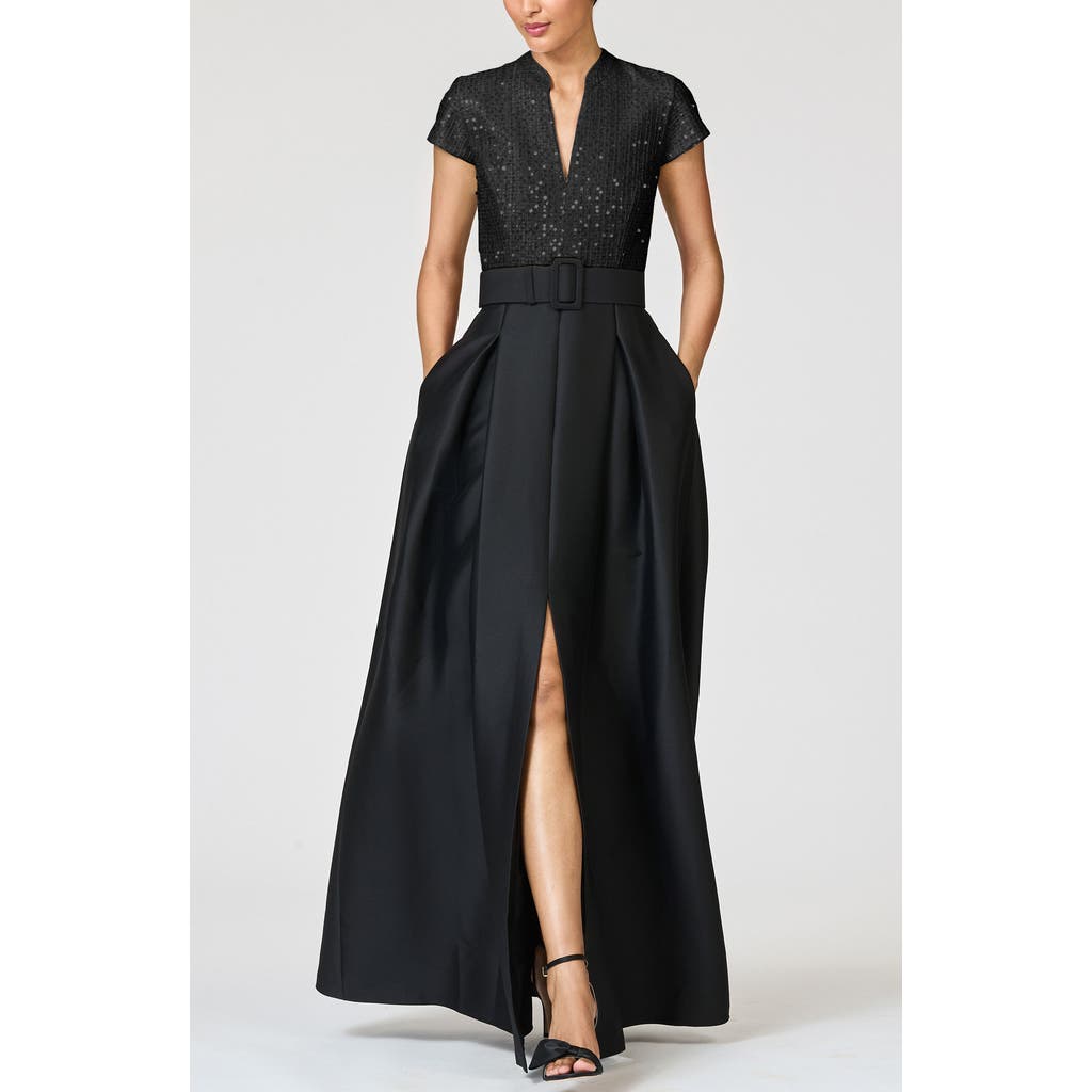 Sachin & Babi Arden Mixed Media Belted Gown In Black