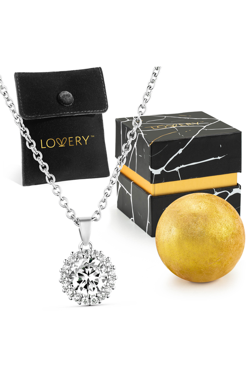 Lovery Sterling Silver Necklace With Pouch, Bath Bomb & Gift Box In Halo Solitaire Cubic Zirconium