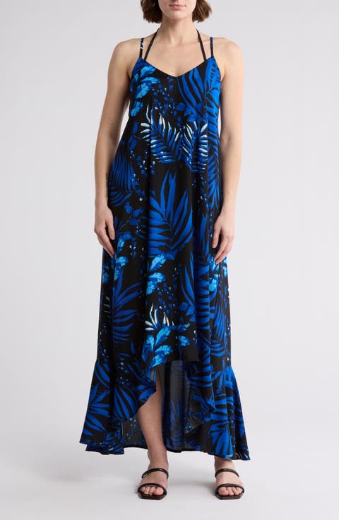 Leaf Printed Hi-Lo Flounce Hem Dress