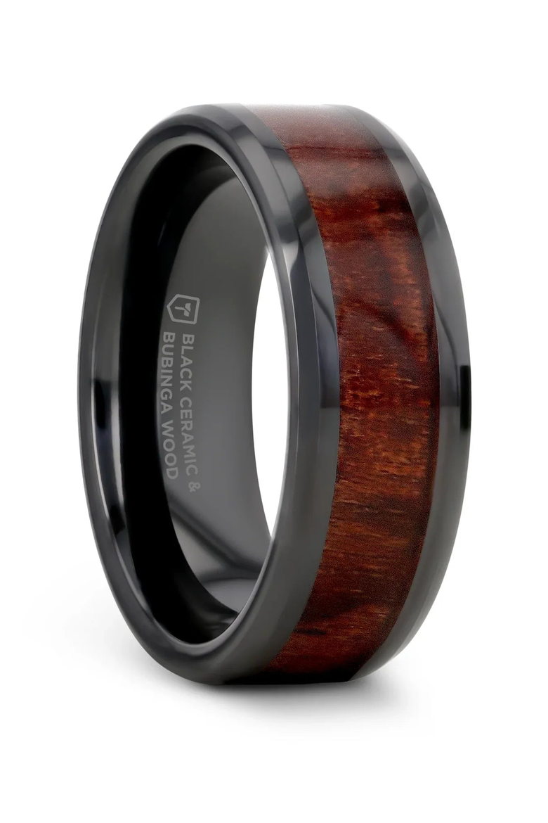 Benny Ceramic Beveled Wedding Band, Main, color, Black / Bubinga Wood