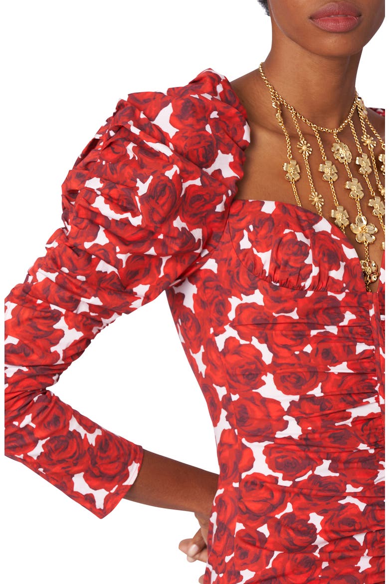 Rose Print Juliet Sleeve Sheath Dress, Alternate, color, ICON RED MULTI