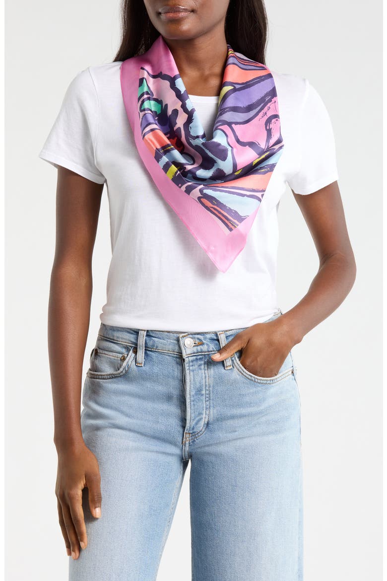 Butterflies Silk Twill Square Scarf, Main, color, PINK