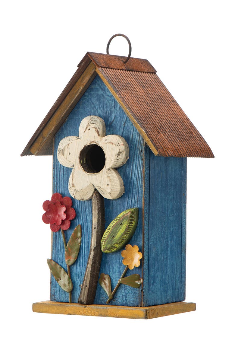 10"H Multicolor Cute Distressed Solid Wood Birdhouse with 3D Flowers, Main, color, Blue