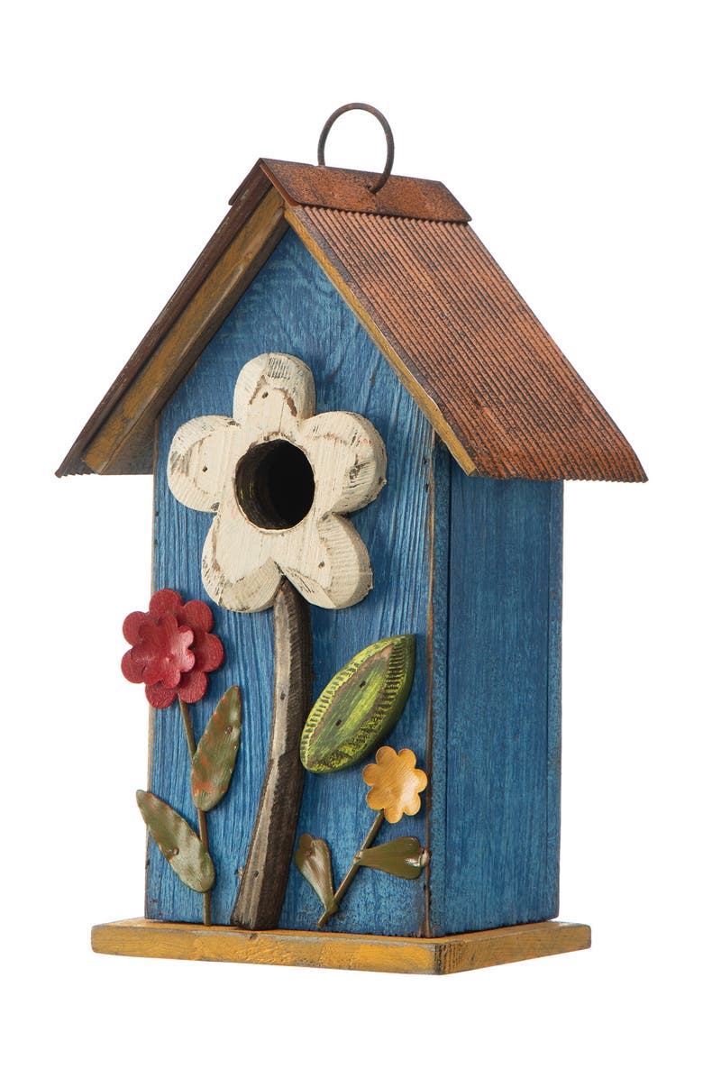 Glitzhome 10"H Multicolor Cute Distressed Solid Wood Birdhouse with 3D Flowers, Main, color, Blue