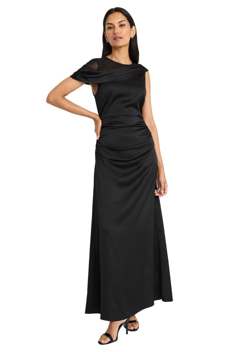 Draped Mesh Shoulder Satin Cocktail Dress, Alternate, color, BLACK