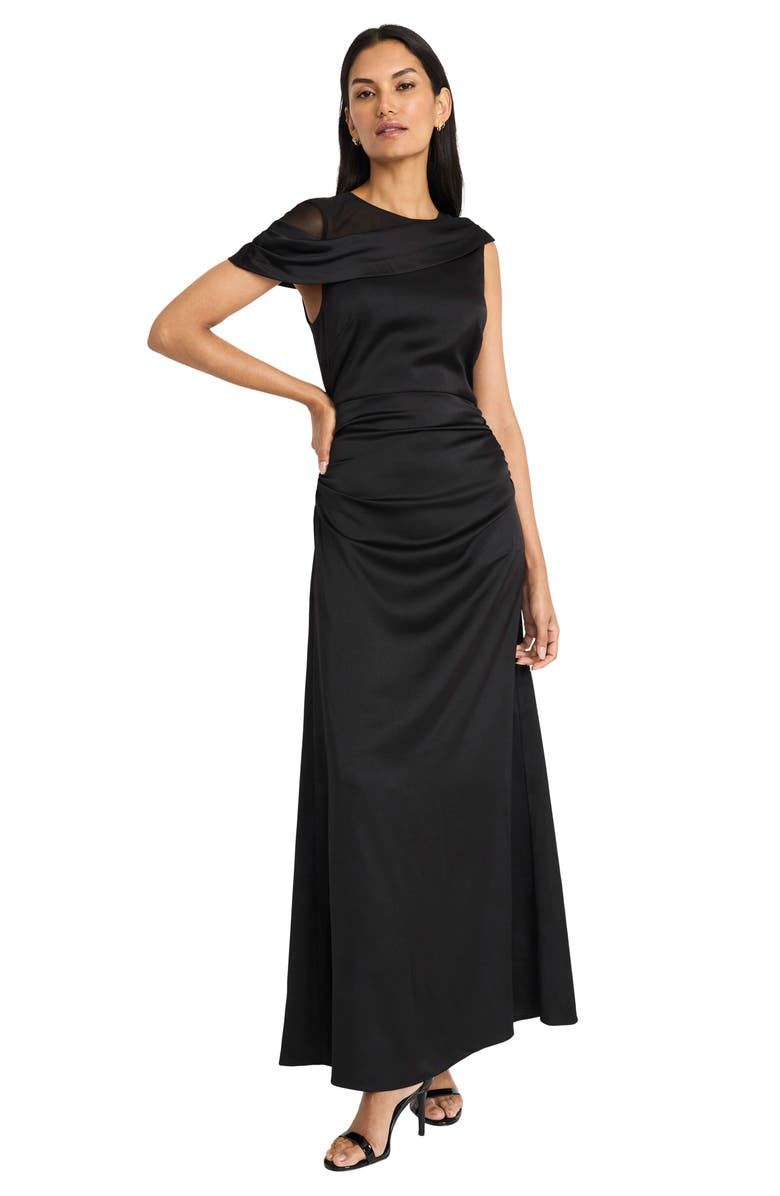 Maggy London Draped Mesh Shoulder Satin Cocktail Dress, Alternate, color,