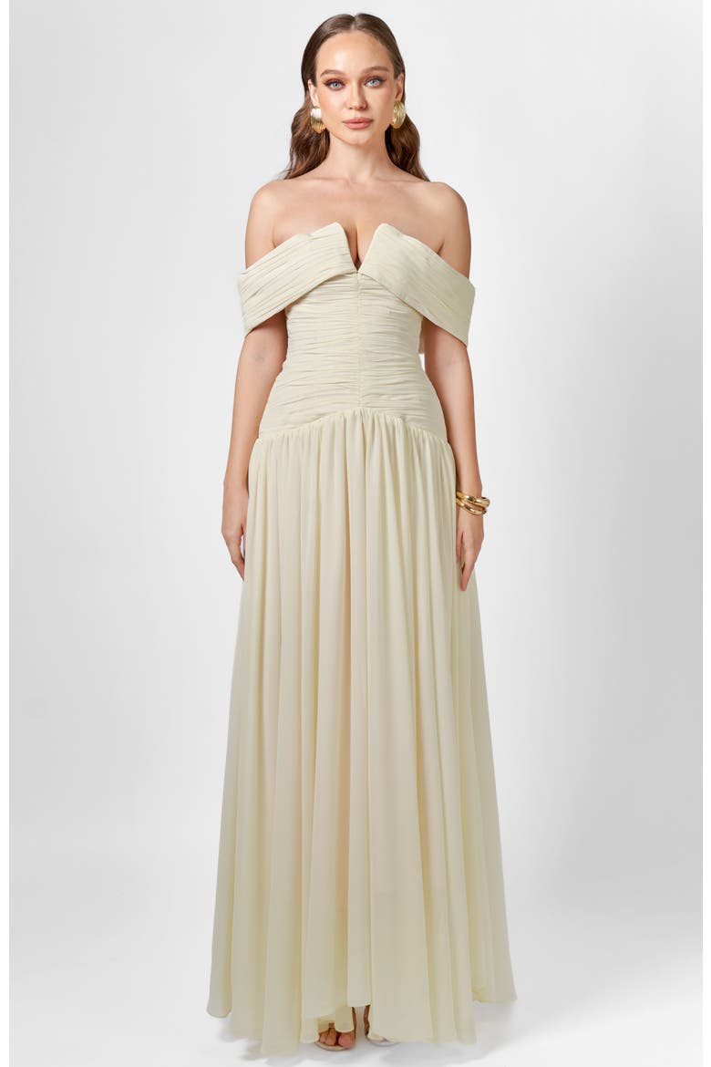 Keecia Off Shoulder Chiffon Gown, Main, color, CREAM