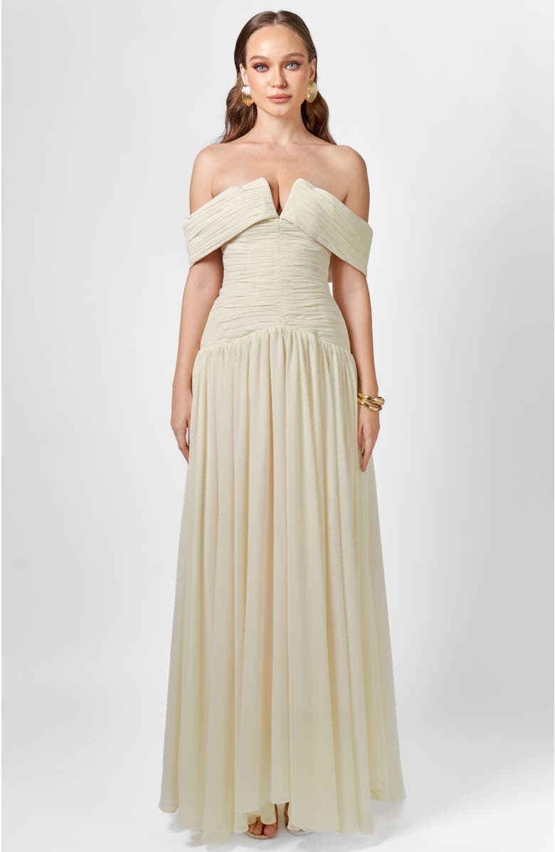 Bariano Keecia Off Shoulder Chiffon Gown, Main, color, Cream