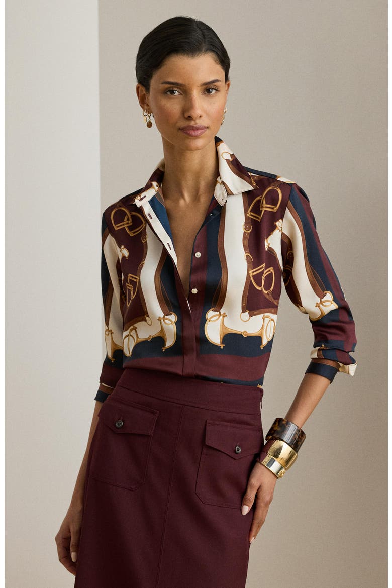 Classic Equestrian Print Twill Button-Up Shirt, Alternate, color, NAVY/ CREAM MULTI