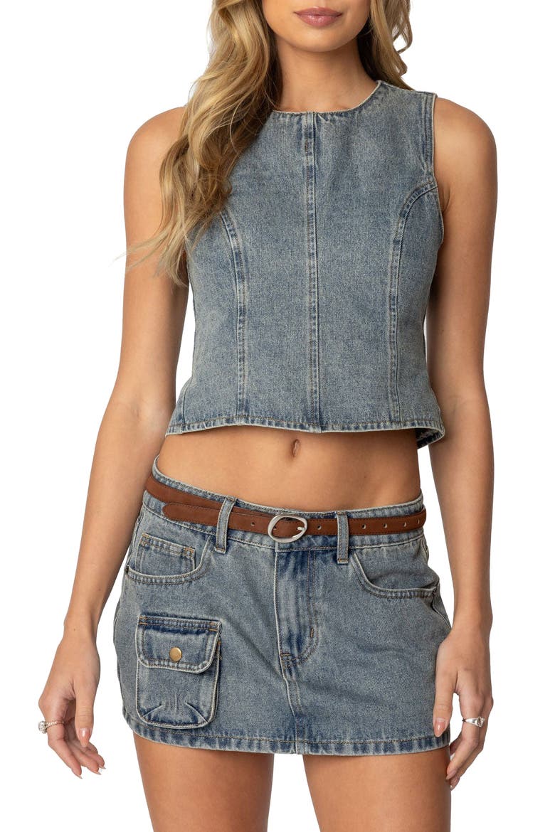 Quinlan Open Back Sleeveless Denim Top, Main, color, BLUE