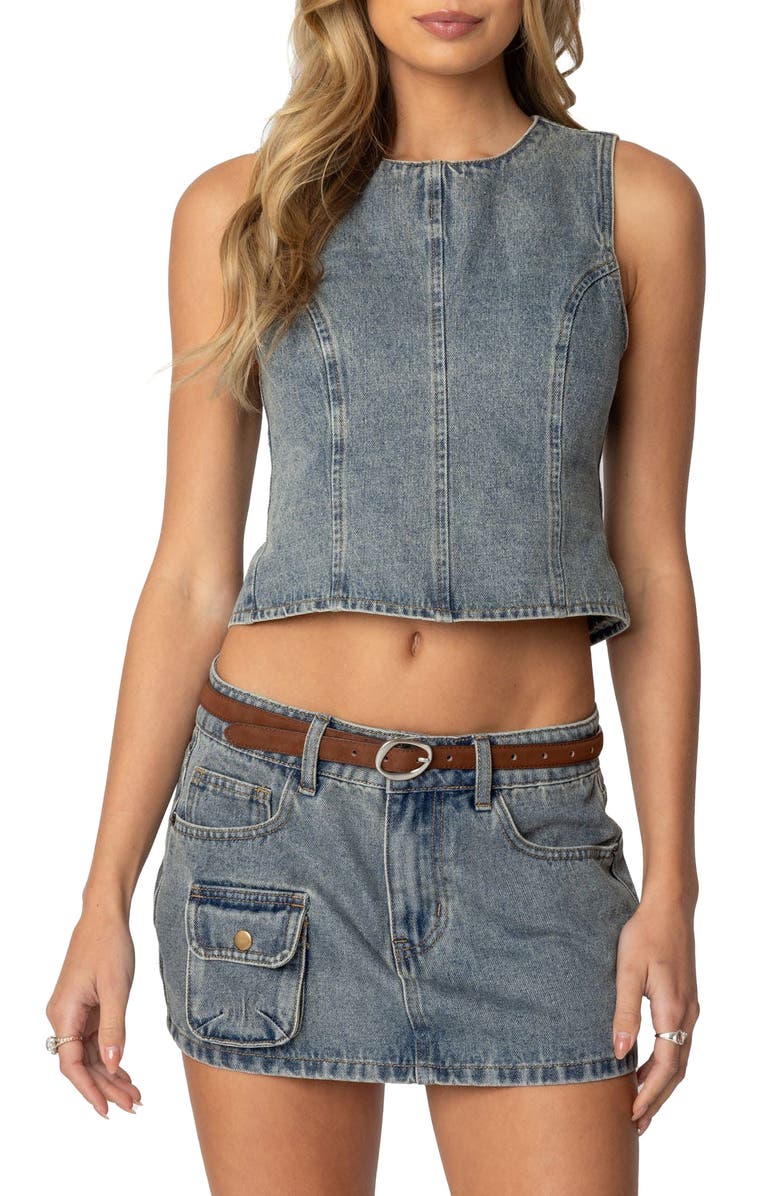 EDIKTED Quinlan Open Back Sleeveless Denim Top, Main, color, Blue