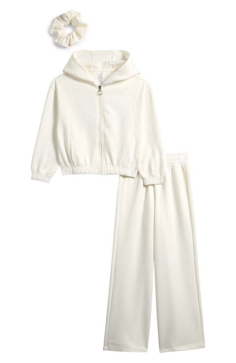 Kids' Rhinestone Zip-Up Hoodie, Flare Sweatpants & Scrunchie Set (Big Kid)